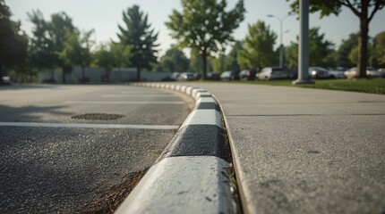 Red and white curb, No parking zone, Raised curb, Curved view, Highway, Diagonal road, Wide road, Lane divider, Parking lot, Sidewalk, Pavement, Waiting area, Traffic, Practice parking, Driver's licen