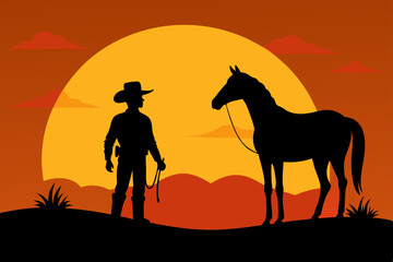 Wild horse silhouettes against a desert sunset landscape