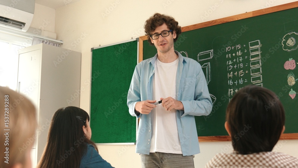 Poster professional mentor looking around classroom while standing in front of blackboard with math formula