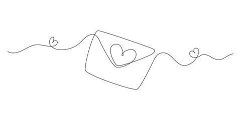 One line drawing of heart and letter. Minimal continuous line art for romantic love, couple, date or relationship concept. Simple linear doodle style. Vector illustration.