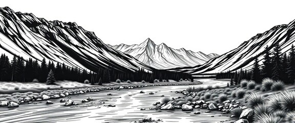 Black and white vector illustration of a mountain river bridge landscape sketch,  water,  crossing