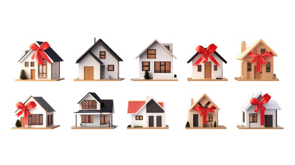 Fototapeta premium Set of new modern houses wrapped with bright red ribbon symbolizing gift or celebration isolated on white background