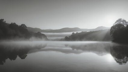 Fototapeta premium Misty Lake Reflection with Forest and Mountains in Monochrome Serenity