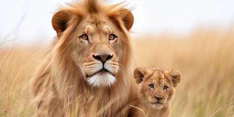 Majestic male lion with mane and baby lion cub