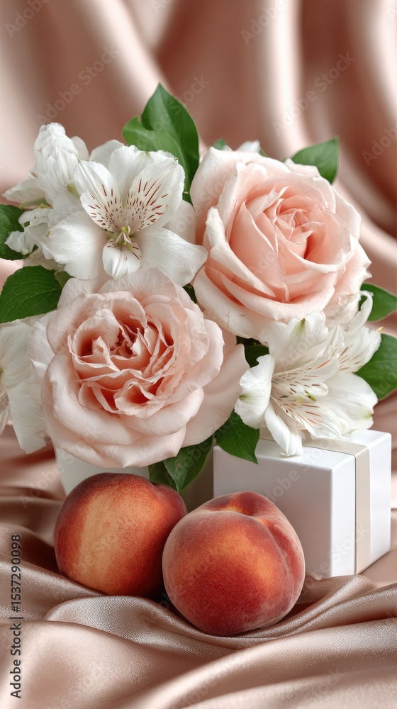 Poster two white cube-shaped boxes filled with colorful flowers and fruits create a serene minimalist compo