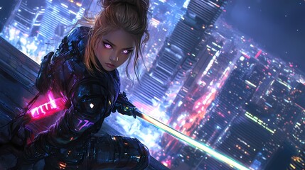 A futuristic female figure poised on a rooftop overlooking a vibrant cityscape at night.