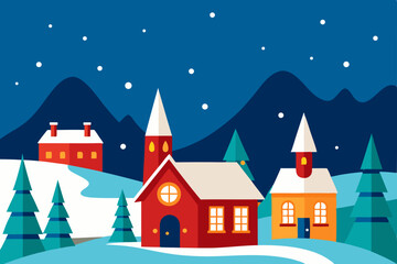 Christmas winter landscape with a village house and snow-covered trees, an illustration of a festive holiday night scene