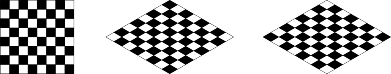Basic Black and White Icon Set of 8x8 Grid or Tiles Chessboard in Top and Isometric Perspective View. Vector Image.