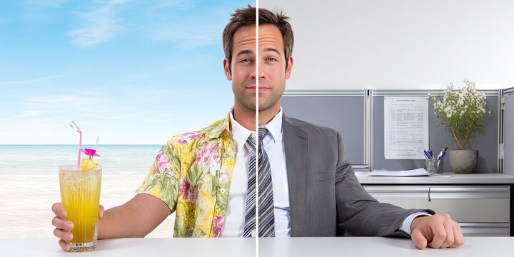 split screen photo of a man divided in half. on the left he is on vacation on a beach in hawaiian shirt with cocktail. on the right he is in corporate business suit in office cubicle