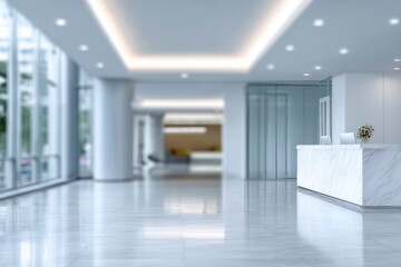 Fototapeta premium Bright blurred view of an office lobby featuring a marble reception desk and glass walls