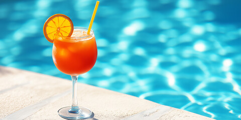Tropical sparkling cocktail by the pool . Summer alcohol free drink by the hotel pool. Hello summer holiday vacation