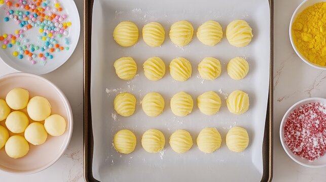 Baking sheet lined with parchment paper, a tray of cookie dough, and bowls of toppings nearby