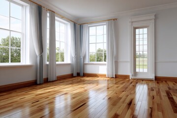 Fototapeta premium Bright empty room with hardwood floors white walls three windows with curtains and a glasspaneled door