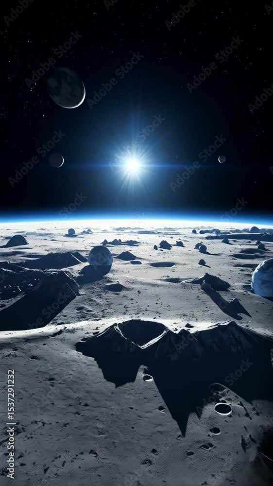 Wall mural dramatic space landscape with craters and celestial objects in the distance, bathed in bright cosmic