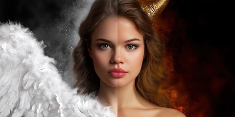 split screen photo of a woman divided in half. on the left she is an angel in heaven with feathered wings. on the right she is devil in hell with horn 