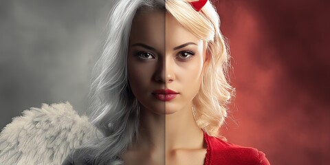 split screen photo of a woman divided in half. on the left she is an angel in heaven with feathered wings. on the right she is devil in hell with horn