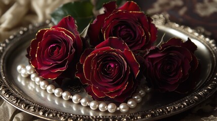 Elegant dark red roses with gold edging on antique silver tray with pearls