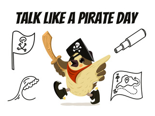 Pirate Sparrow Bird for Talk Like a Pirate Day, Flat Cartoon Vector Illustration with Pirate Flag, Map, and Waves in Outline Style.