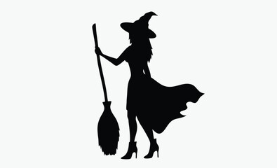 witch silhouette icon, halloween broom vector, spooky witch hat design