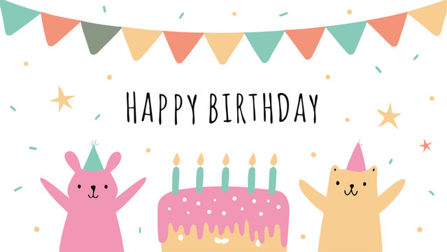 Happy birthday illustration with cake candles bunny bear party hats bunting and stars on a white background