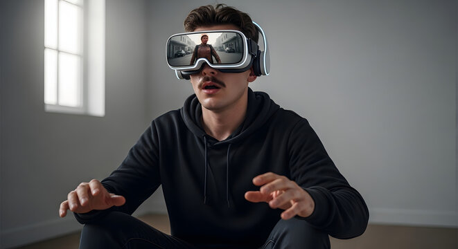 A person wearing a memory headset, reliving painful events on loop