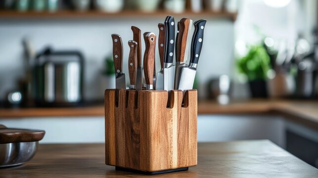 Collection of kitchen knives stored in a wooden block, shot in a minimalistic modern kitchen