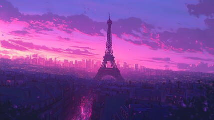 Fototapeta premium Parisian cityscape at sunset, painted in pastel hues.