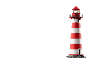 A solitary lighthouse with alternating crimson and ivory bands against a stark solid setting view shot on transparent background