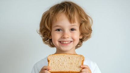 Cheerful child holding a slice of bread with a bright smile in a well-lit indoor setting, showing joy and innocence of youth