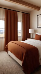 Comfortable Bedroom Interior with Natural Light, Earth Tones, Neutral Colors, Wooden Beams, and Modern Design Aesthetics for Relaxation.
