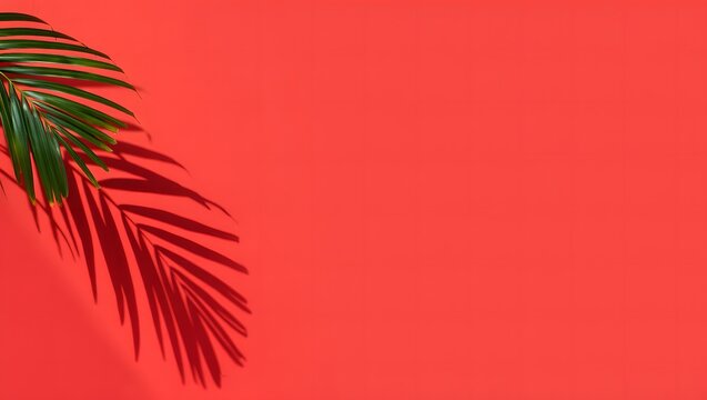 Palm leaf shadow on red background minimalist summer