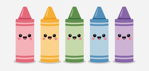 Fototapeta premium Cute Kawaii Crayons Row Happy Smiling Colorful