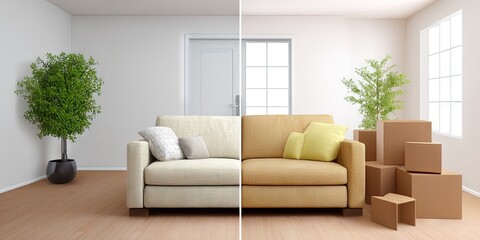 split screen photo on the left is clean furnished living room. on the right is unfurnished with moving boxes 
