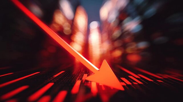 Red bar chart arrow animation showing financial decline. Perfect for illustrating economic downturns, stock market losses, or negative business trends.