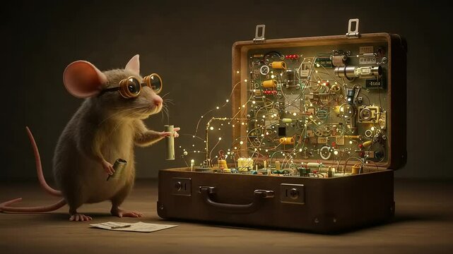 A clever mouse wearing glasses tinkers with a glowing circuit board inside a vintage suitcase
