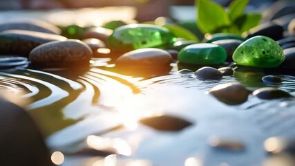 Close-up of smooth river stones in shallow water with green plants and glistening sunlight, zen and relaxation theme - Powered by Adobe