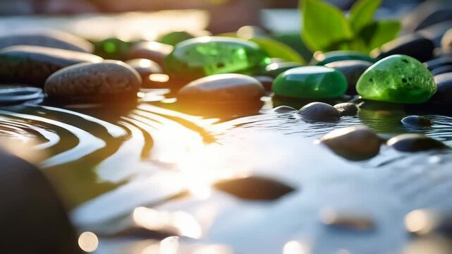 Close-up of smooth river stones in shallow water with green plants and glistening sunlight, zen and relaxation theme