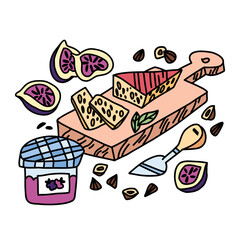 Appetizer table setting with cheese on a wooden board, nuts and figs, a jar of jam and cheese knife