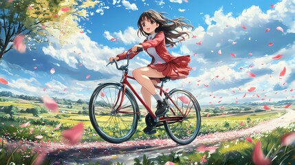 Obraz premium A young woman on a bicycle in a beautiful spring landscape.