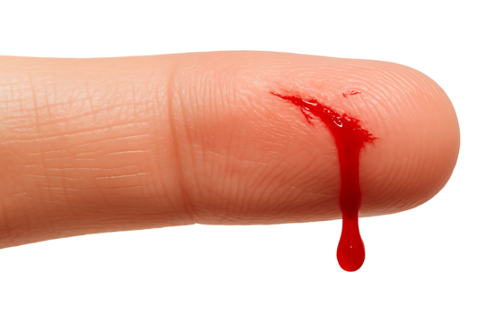 Bleeding finger close-up isolated on transparent background
