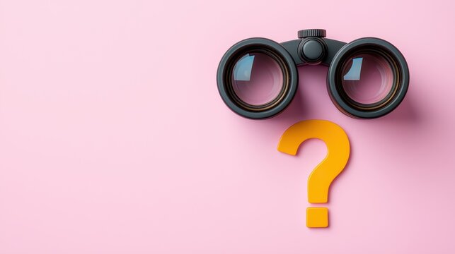 Modern binoculars on a pink background with a vibrant orange question mark symbolizing curiosity and exploration in life.