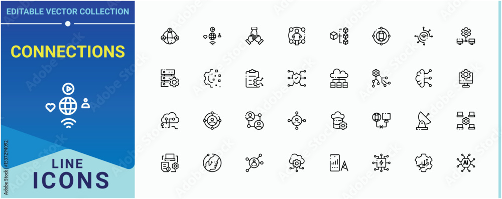Aufkleber connections icon set. contain linear sign connect, net, network, internet. networking vector line ic