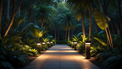 Fototapeta premium Tropical palm trees glow under the night sky, lining a tranquil beach path or resort walkway