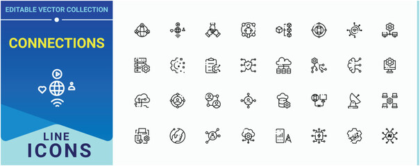 Connections icon set. Contain linear sign connect, net, network, internet. Networking vector line icon set. Modern vector UI icons. Pixel perfect. Editable stroke.