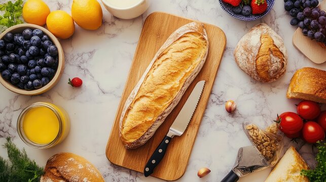 Top view of breadboard with knife and half-sliced baguette surrounded by morning breakfast setup