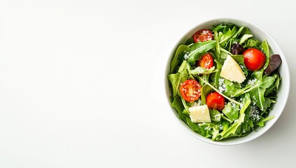A bowl of fresh salad with vegetables and Parmesan cheese on a white background, in a flat lay arrangement. Space for text or product presentation concept. Top view, copy space banner template, 