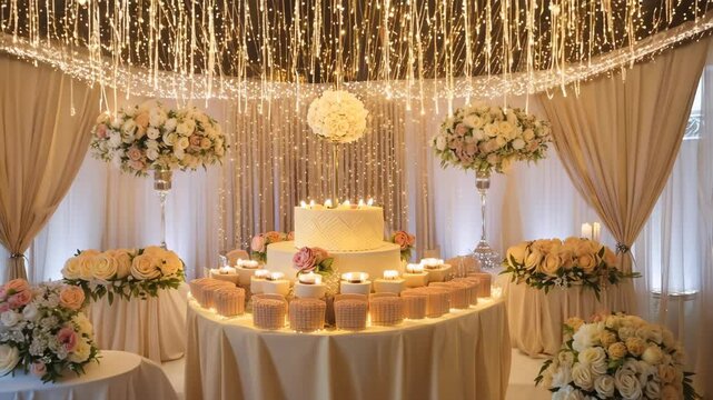 a beautifully decorated wedding  candy bar reception, featuring a stunning cake, desserts and sparkling lights. It captures the joy and elegance of a perfect celebration