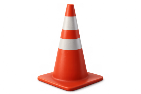 3d rendering of an orange and white striped traffic cone standing upright on a transparent background, perfect for safety and construction related projects
