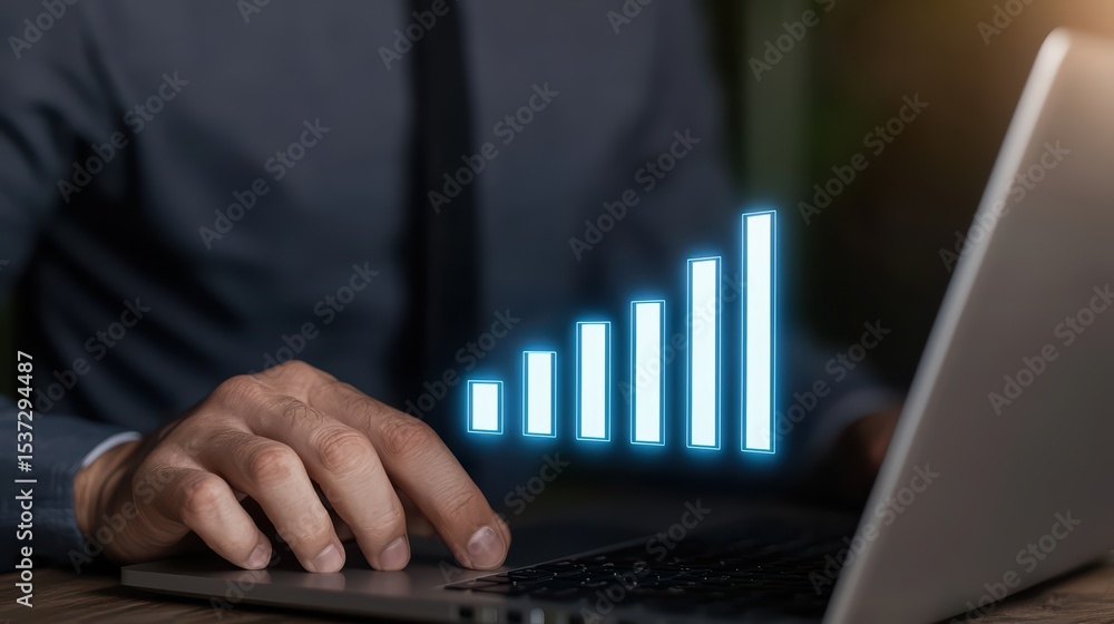 Poster businessman on laptop increasing productivity with digital performance graphs displayed, data analys