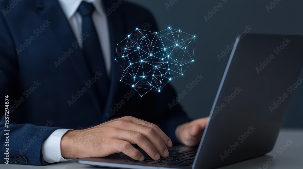 Poster professional man typing on laptop with digital network overlay representing technology and connectiv